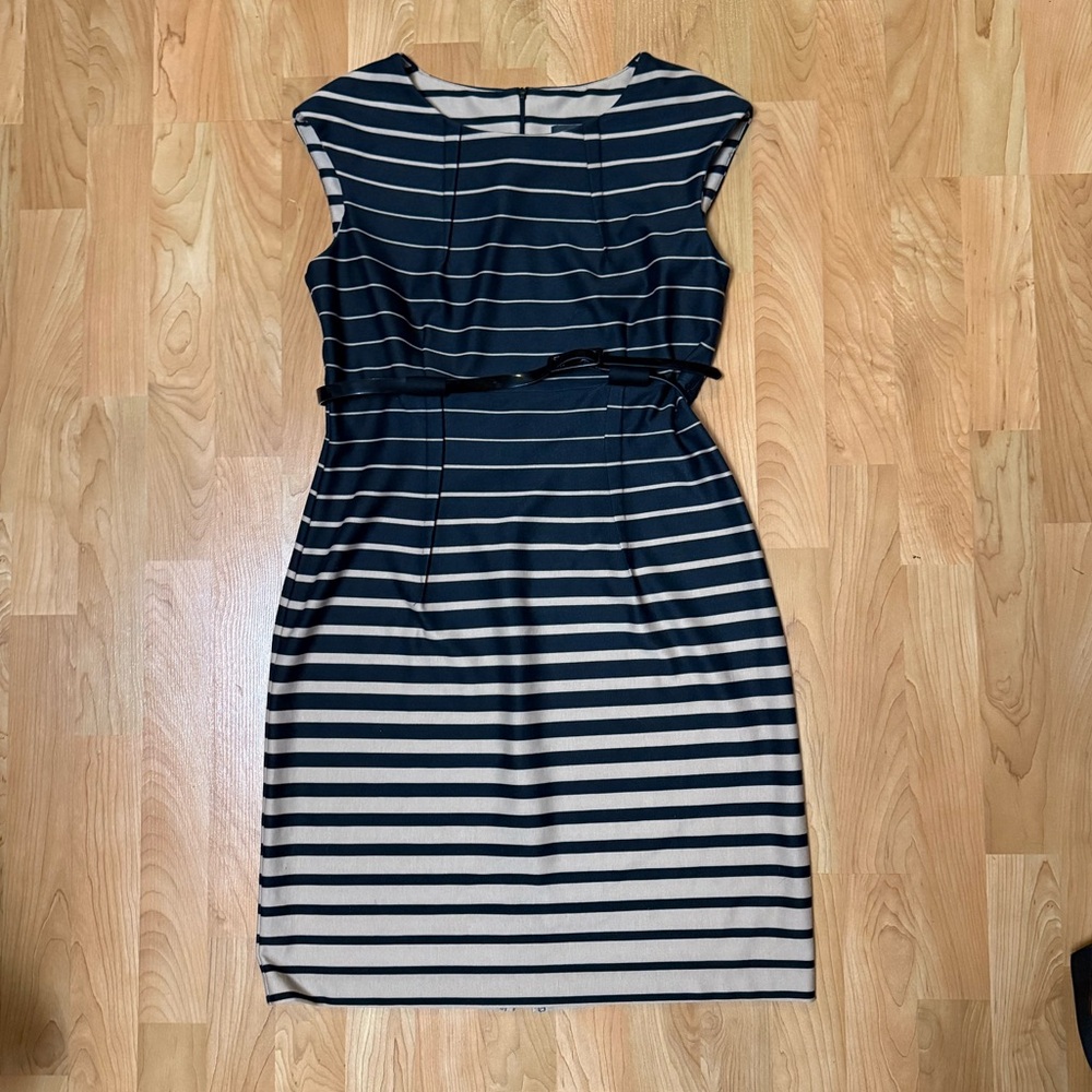 Connected Apparel Tan Black Sleeveless Striped Print Sheath Dress Petite 12